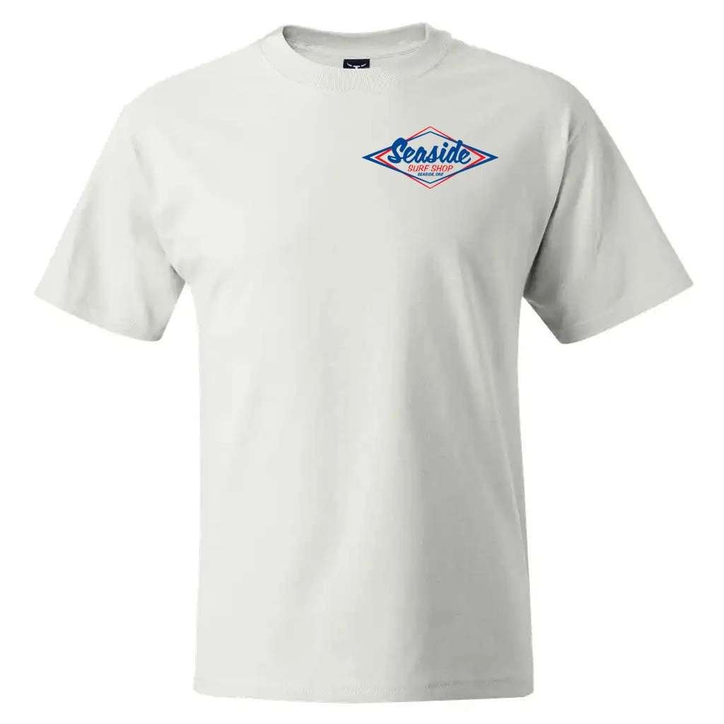 Seaside Surf Shop Mens Vintage Logo Tee - White/Blue Red 4 Seaside Surf Shop Mens Vintage Logo Tee - White/Blue Red - Image 2