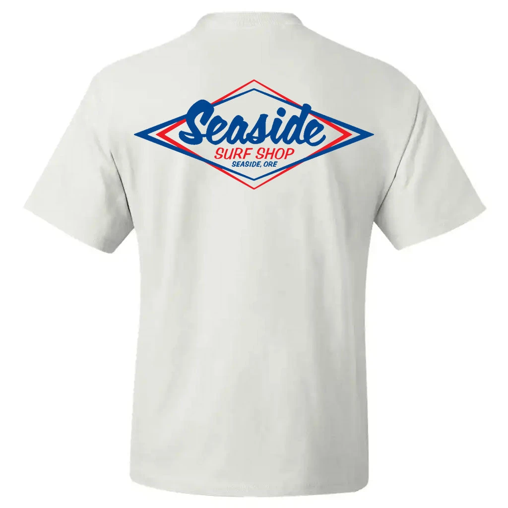Seaside Surf Shop Mens Vintage Logo Tee - White/Blue Red 3 Seaside Surf Shop Mens Vintage Logo Tee - White/Blue Red